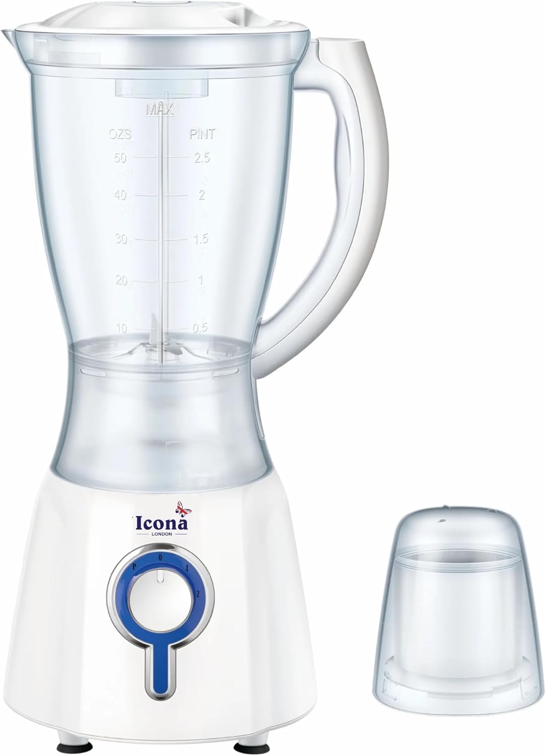 Icona 350W 2-in-1 Electric Blender – 1.5L Capacity with Plastic and Glass Jars, 2 Speed Push Button Control, Stainless Steel Blades – Durable Table Blender for Smoothies and Juices (White)
