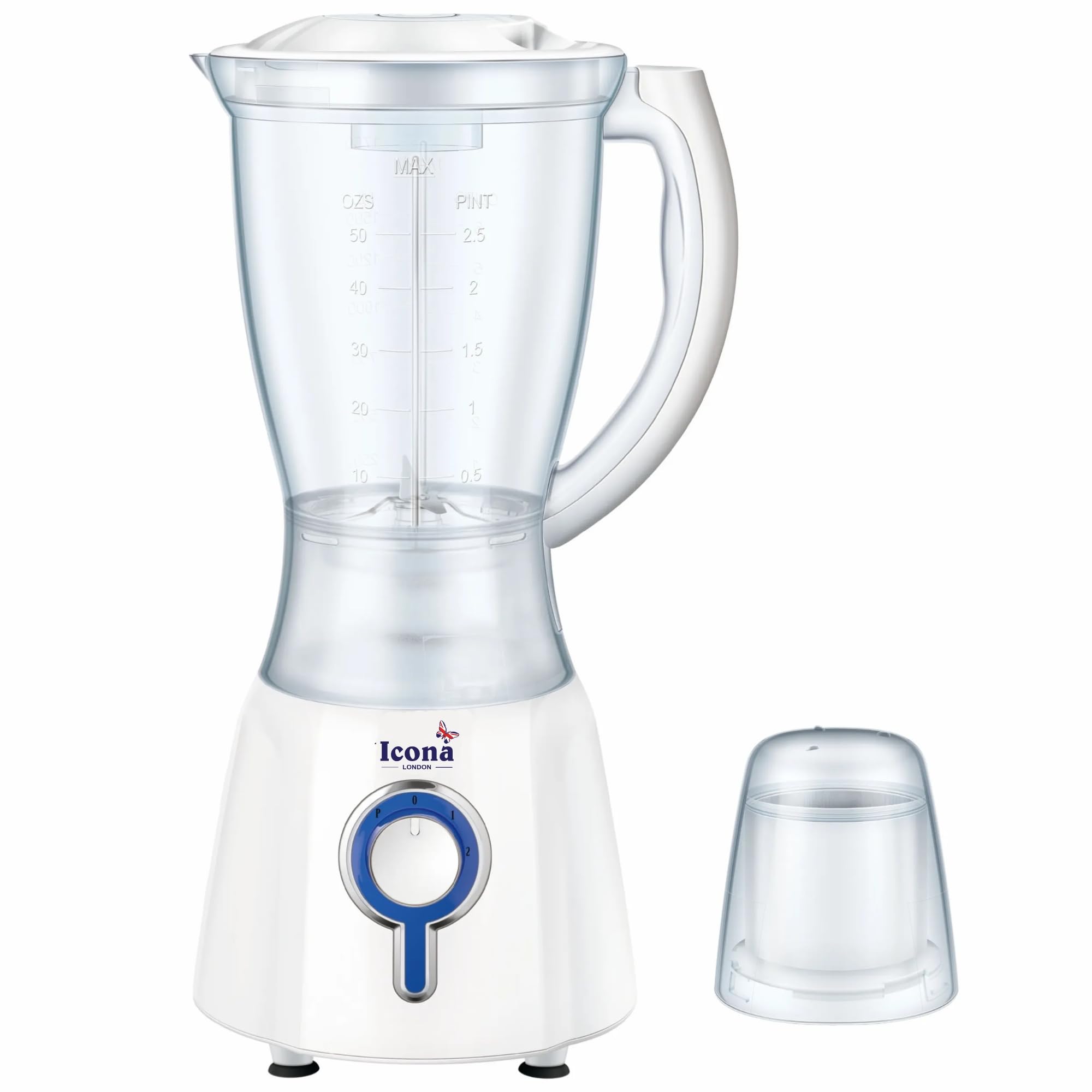 Icona 350W 2-in-1 Electric Blender – 1.5L Capacity with Plastic and Glass Jars, 2 Speed Push Button Control, Stainless Steel Blades – Durable Table Blender for Smoothies and Juices (White)