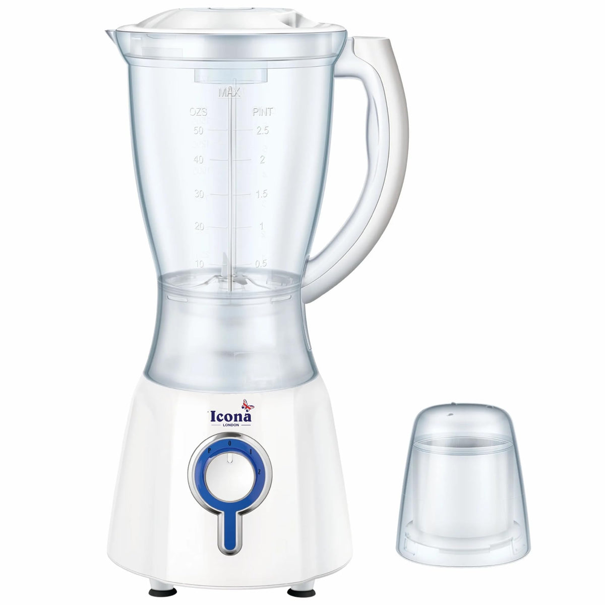 Icona 350W 2-in-1 Electric Blender – 1.5L Capacity with Plastic and Glass Jars, 2 Speed Push Button Control, Stainless Steel Blades – Durable Table Blender for Smoothies and Juices (White)