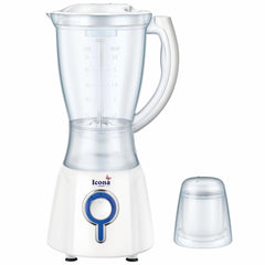 Icona 350W 2-in-1 Electric Blender – 1.5L Capacity with Plastic and Glass Jars, 2 Speed Push Button Control, Stainless Steel Blades – Durable Table Blender for Smoothies and Juices (White)