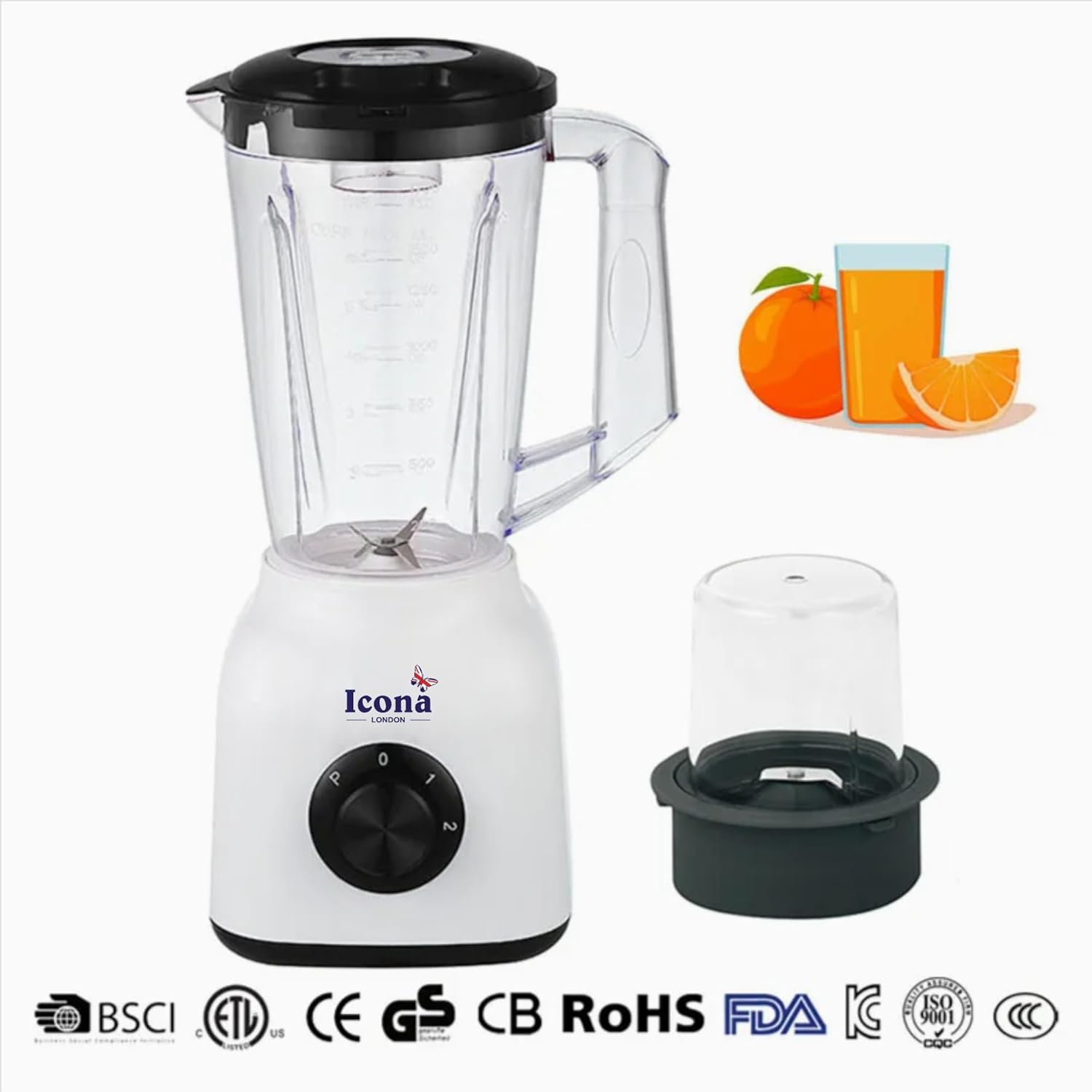 Icona 300W Smoothie Blender – 1.5L Jar, Full Copper Motor with Fuse, Ideal for Smoothies, Milkshakes, and Baby Food – Black and White