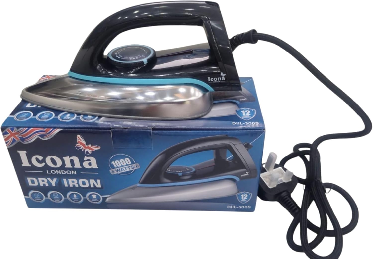 Icona Electric Dry Iron – 1000W Portable Clothes Ironing Machine, Compact and Lightweight with Automatic Temperature Control, Travel-Friendly (Black)