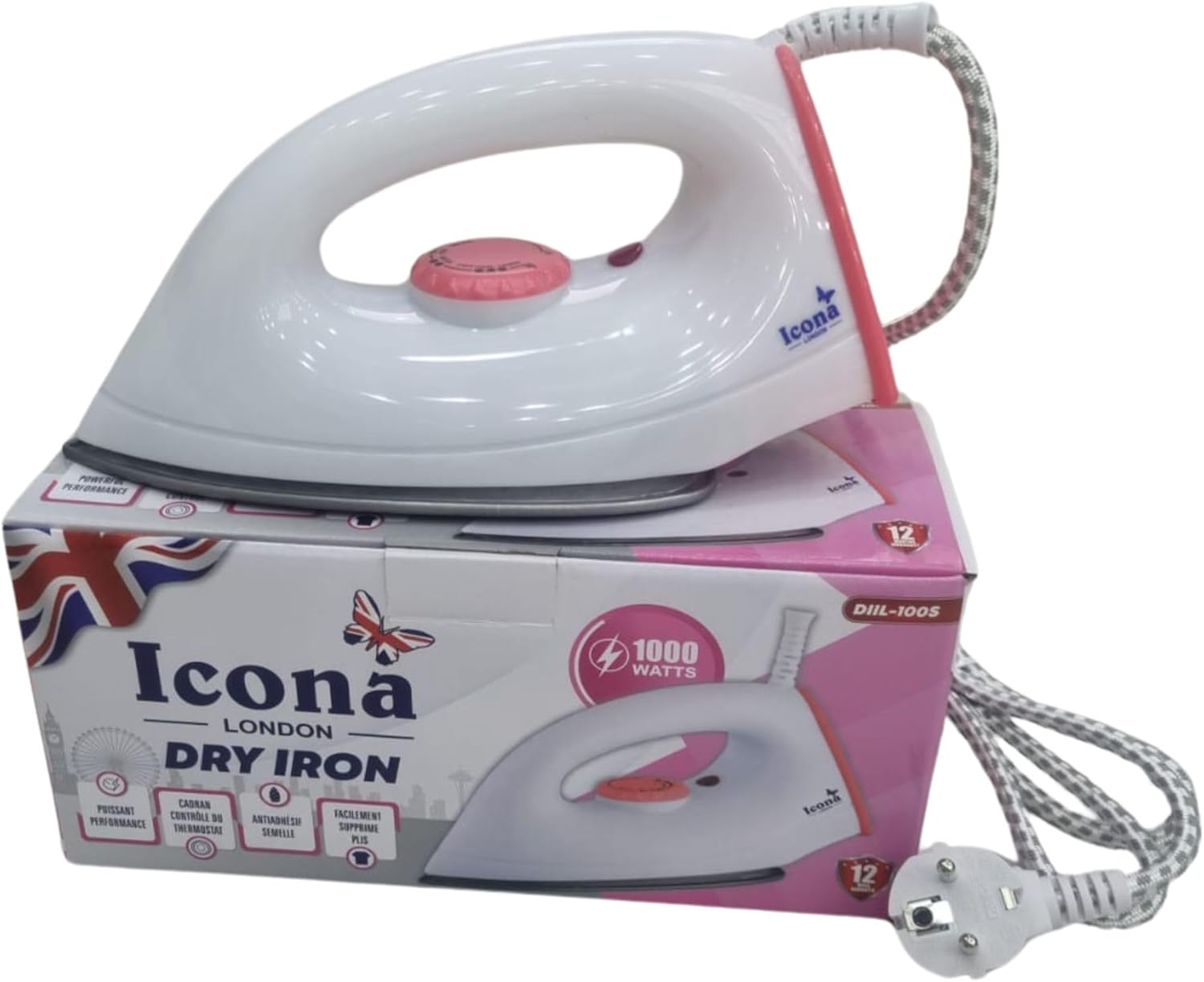 Icona Electric Dry Iron – Lightweight Clothes Iron with Adjustable Temperature Control, Non-Stick Soleplate for Smooth Ironing (White)