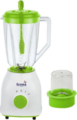 Icona 2-in-1 Unbreakable Blender – 1.5L Glass Jar, Plastic Grinder, 2 Speeds + Pulse, Stainless Steel Blades, Overheat Protection, White/Green