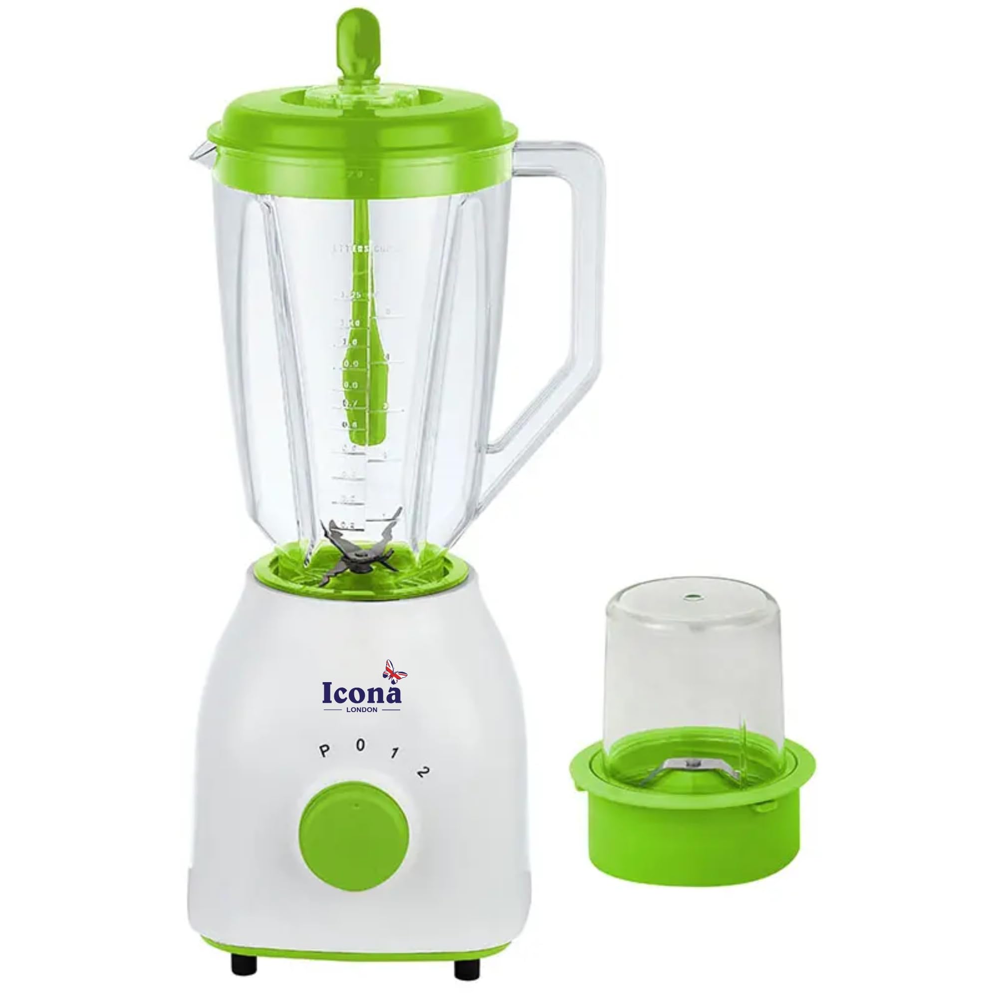 Icona 2-in-1 Unbreakable Blender – 1.5L Glass Jar, Plastic Grinder, 2 Speeds + Pulse, Stainless Steel Blades, Overheat Protection, White/Green
