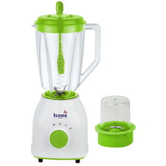 Icona 2-in-1 Unbreakable Blender – 1.5L Glass Jar, Plastic Grinder, 2 Speeds + Pulse, Stainless Steel Blades, Overheat Protection, White/Green
