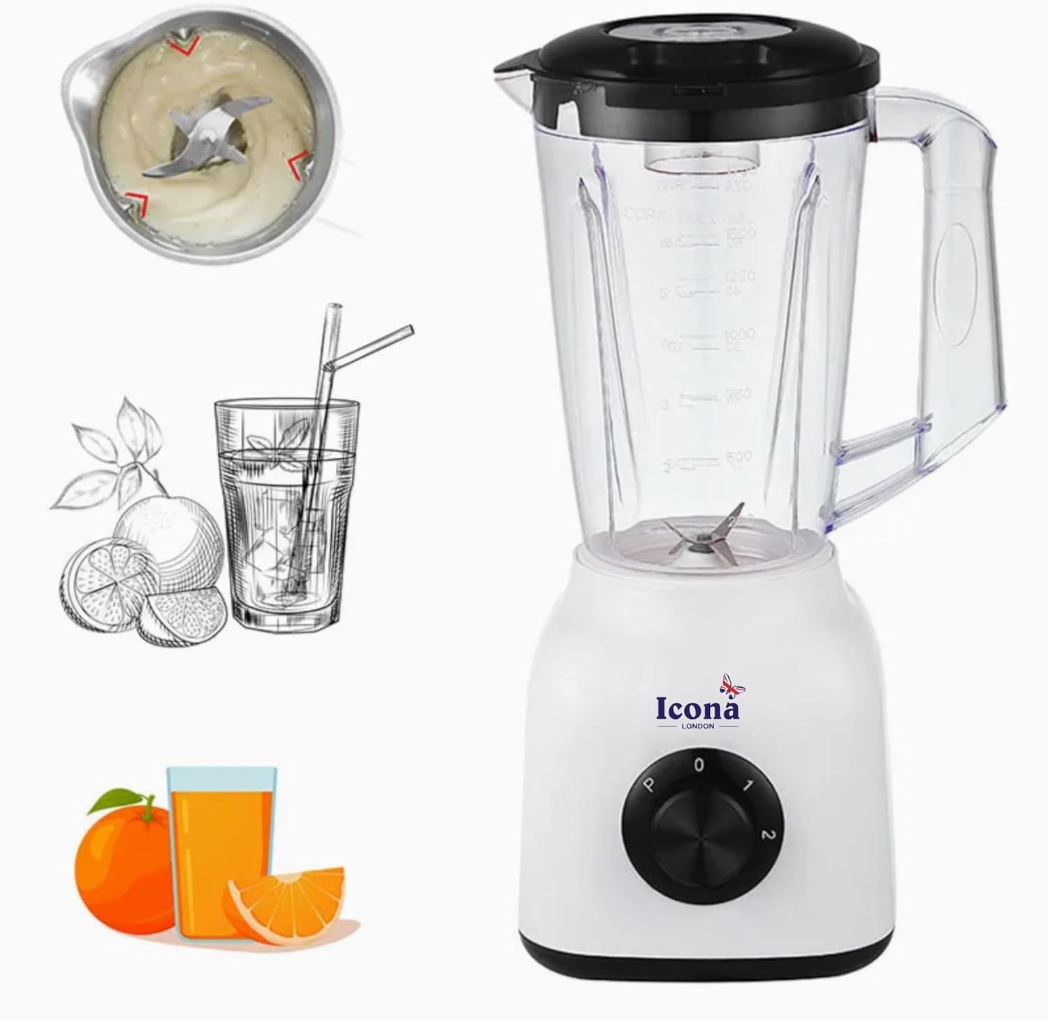 Icona 300W Smoothie Blender – 1.5L Jar, Full Copper Motor with Fuse, Ideal for Smoothies, Milkshakes, and Baby Food – Black and White