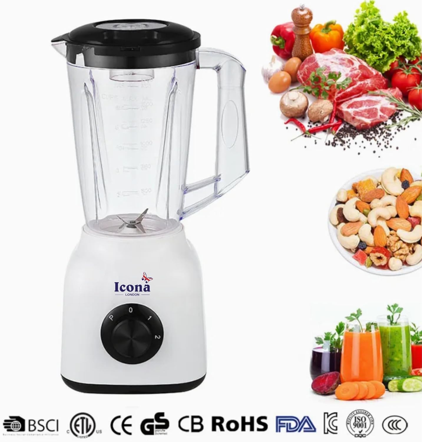 Icona 300W Smoothie Blender – 1.5L Jar, Full Copper Motor with Fuse, Ideal for Smoothies, Milkshakes, and Baby Food – Black and White