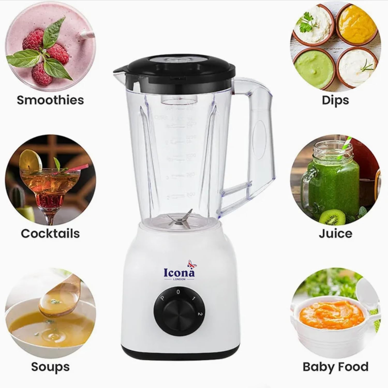 Icona 300W Smoothie Blender – 1.5L Jar, Full Copper Motor with Fuse, Ideal for Smoothies, Milkshakes, and Baby Food – Black and White
