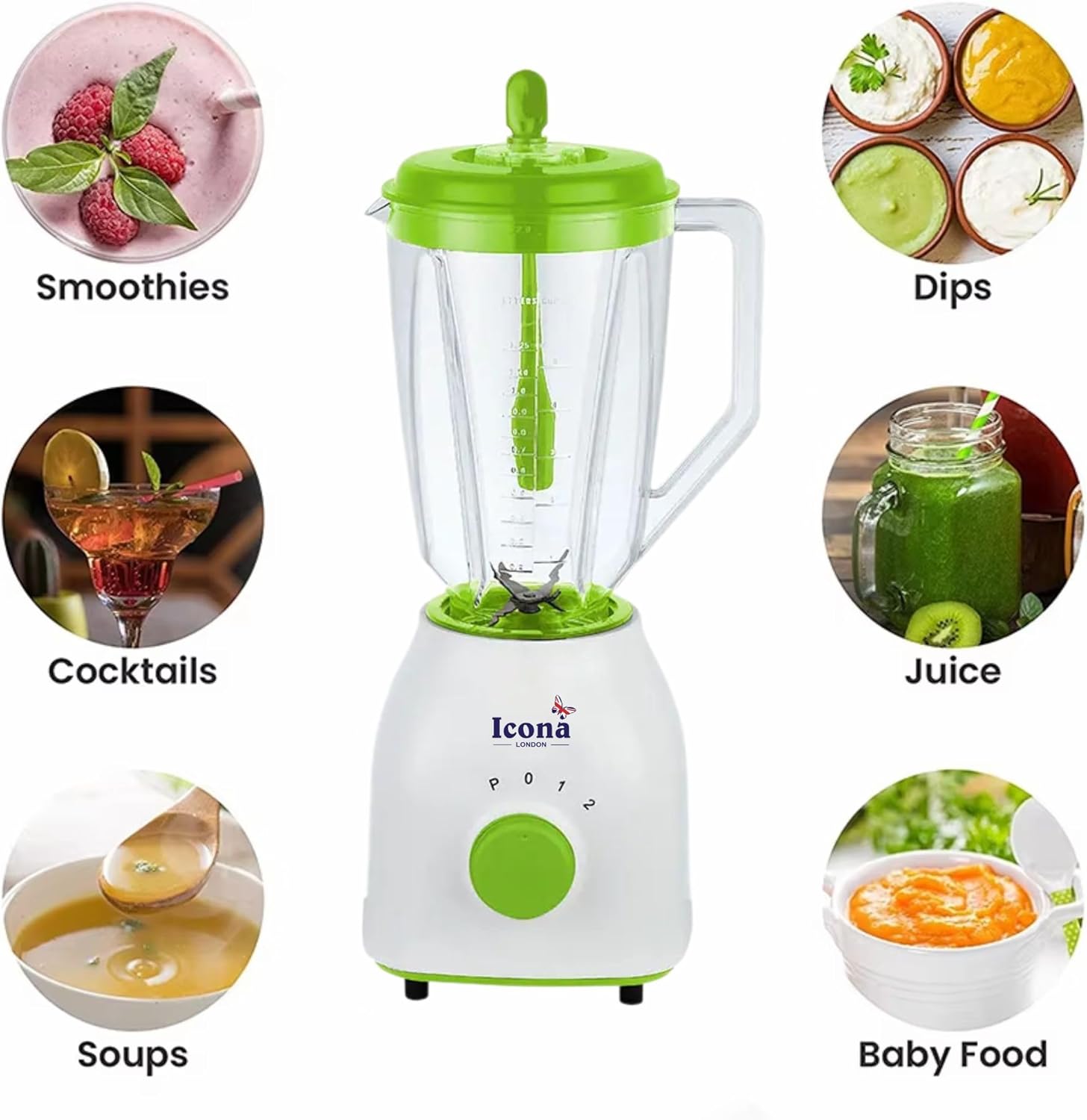 Icona 2-in-1 Unbreakable Blender – 1.5L Glass Jar, Plastic Grinder, 2 Speeds + Pulse, Stainless Steel Blades, Overheat Protection, White/Green
