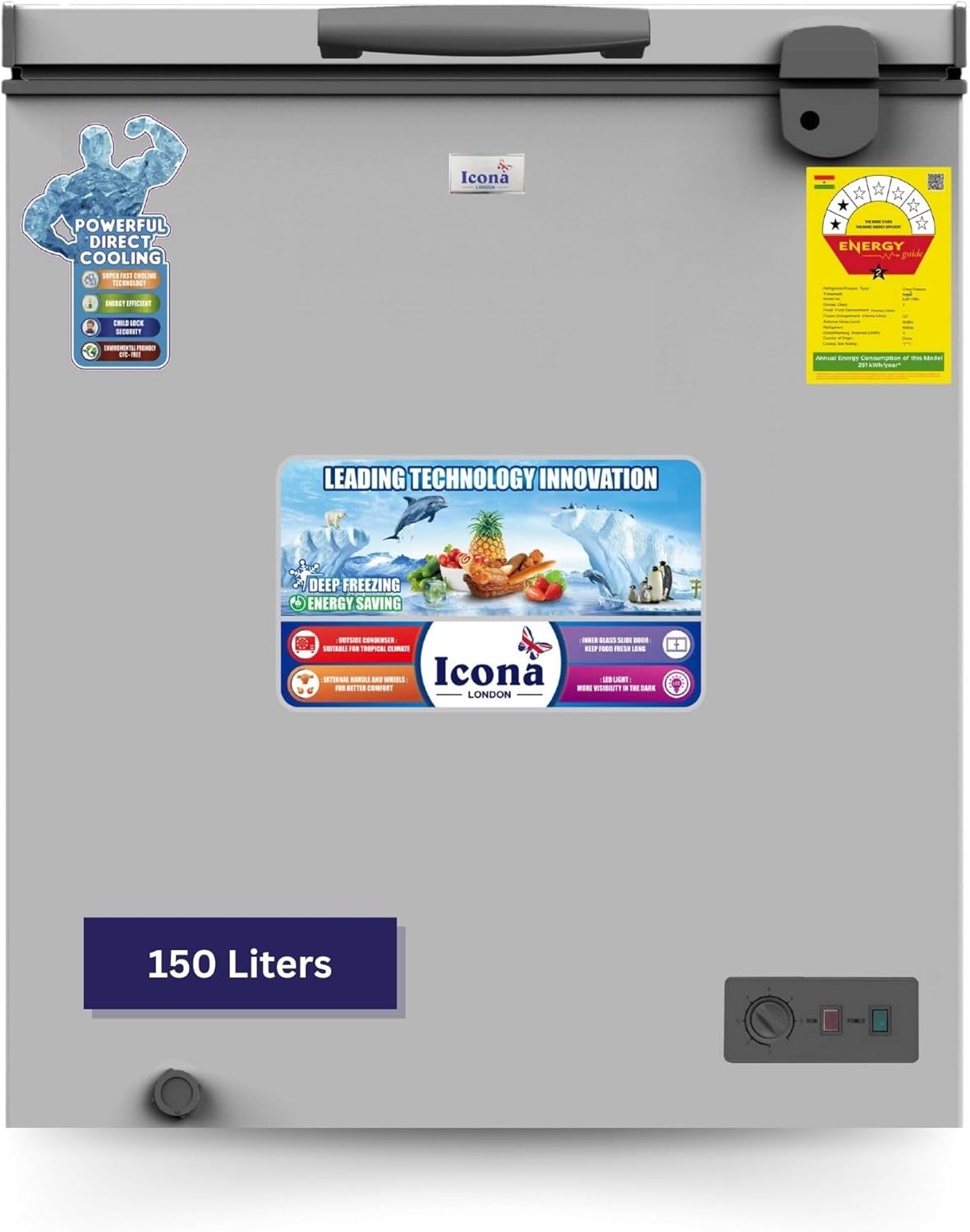 Icona 150L Chest Freezer – Single Door Deep Freezer with Storage Basket, LED Light, Adjustable Temperature, Silent Operation – Model ILCF-175H