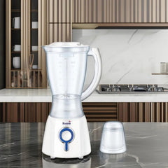 Icona 350W 2-in-1 Electric Blender – 1.5L Capacity with Plastic and Glass Jars, 2 Speed Push Button Control, Stainless Steel Blades – Durable Table Blender for Smoothies and Juices (White)