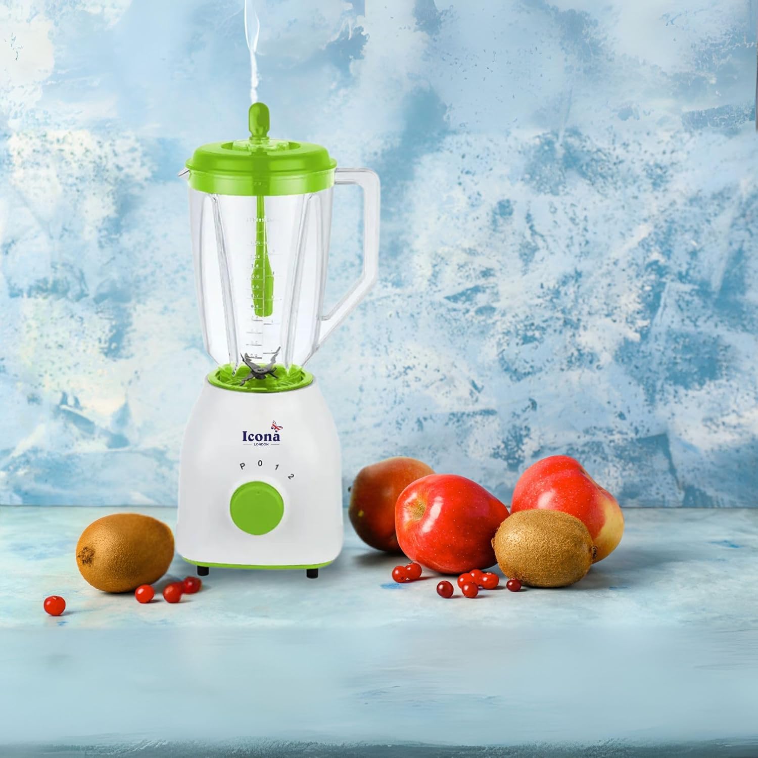 Icona 2-in-1 Unbreakable Blender – 1.5L Glass Jar, Plastic Grinder, 2 Speeds + Pulse, Stainless Steel Blades, Overheat Protection, White/Green