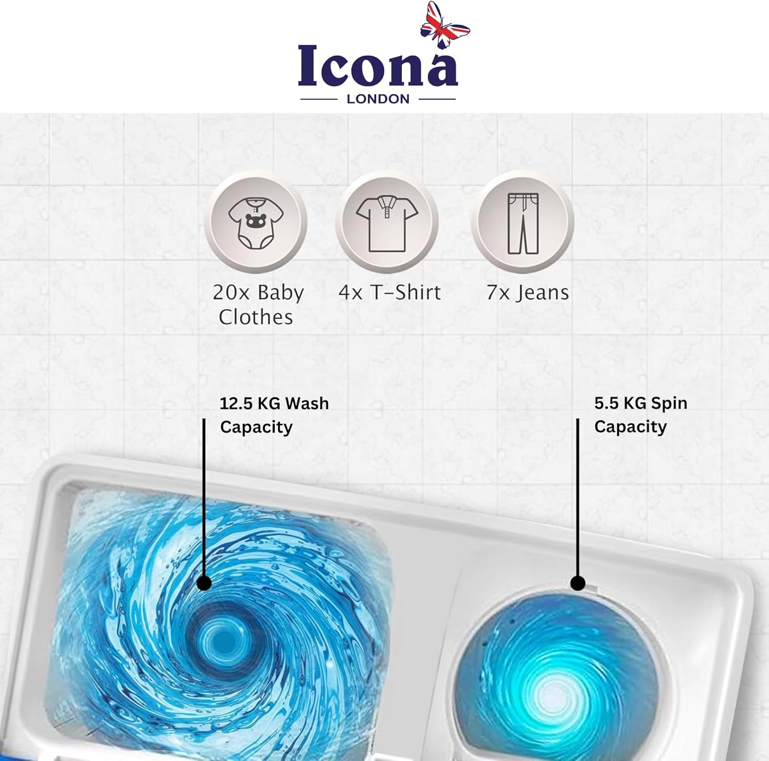 Icona 12.5 Kg Semi-Automatic Washing Machine – Twin Tub, White, Efficient Laundry Solution