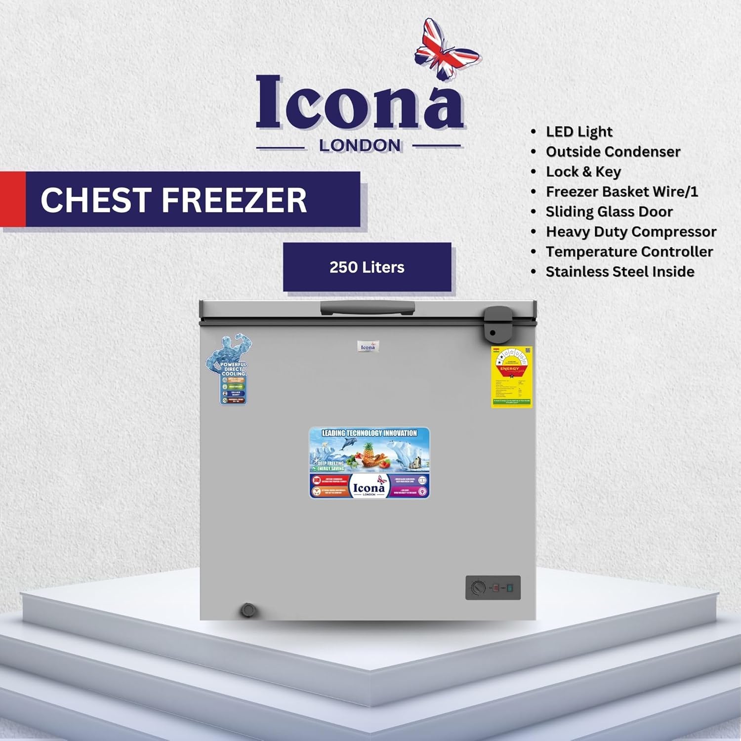 Icona 250L Chest Freezer – Sliding Glass Door Deep Freezer with Lock & Key, LED Lighting, Temperature Control & Stainless Steel Interior – Model ILCF-275H